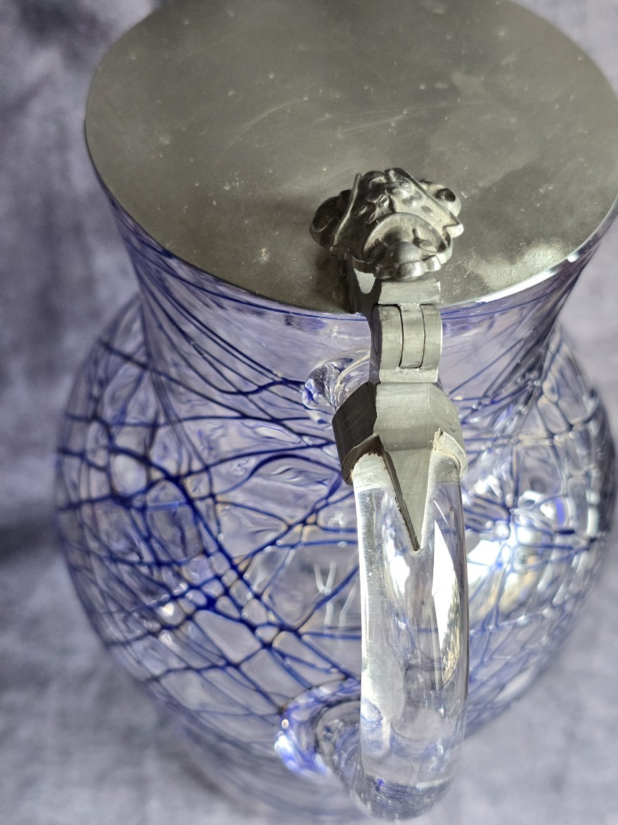 Ensemble pichet à sirop et 4 verres  bohémien Pallme-Konig, décor filé bleu- vers 1900-photo-4