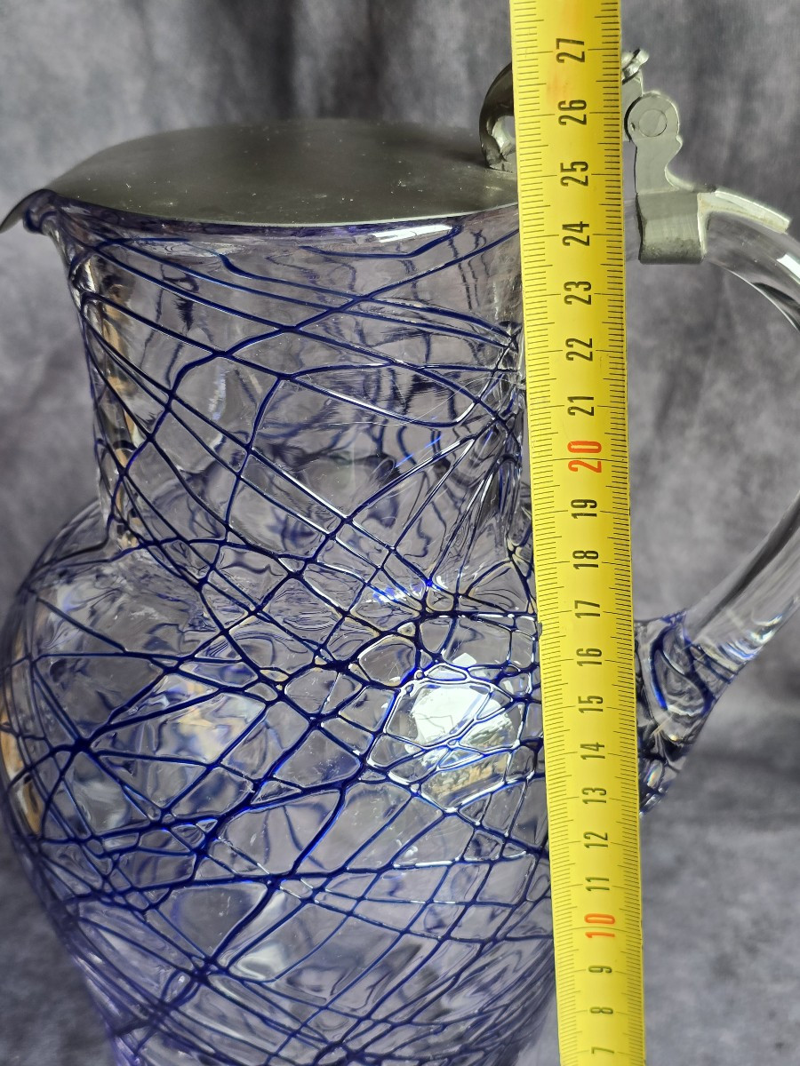 Ensemble pichet à sirop et 4 verres  bohémien Pallme-Konig, décor filé bleu- vers 1900-photo-7