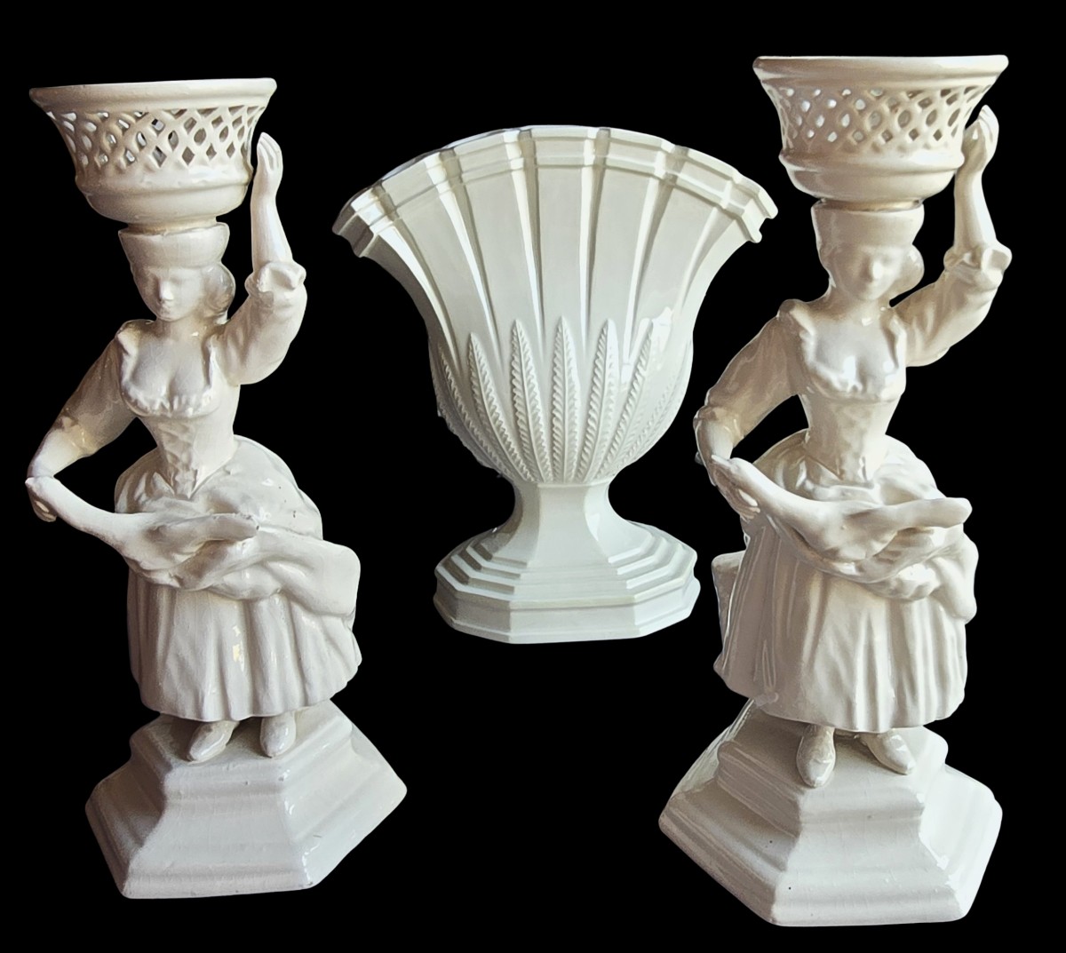 Set Consisting Of A Tulip Vase And Two Antique Faience Candlesticks