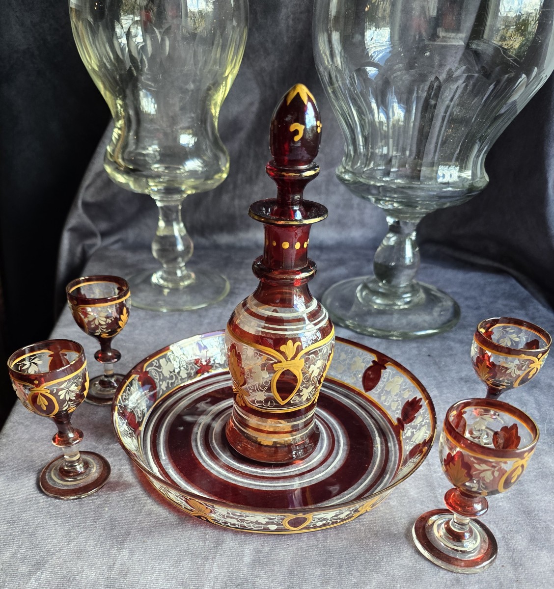 Antique Rossolis Liqueur Set, 6 Pieces In Enameled Blown Glass-photo-2
