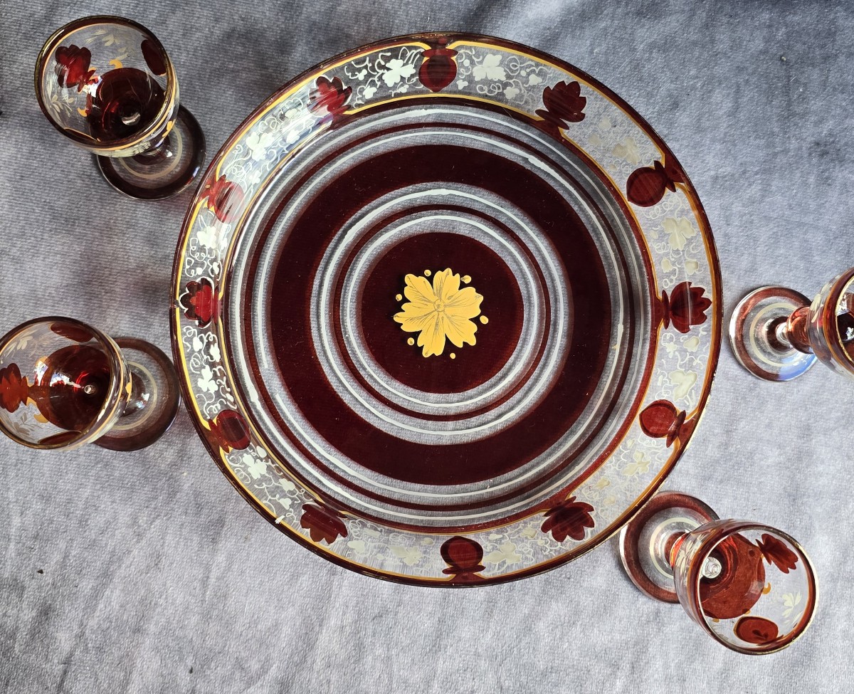 Antique Rossolis Liqueur Set, 6 Pieces In Enameled Blown Glass-photo-3