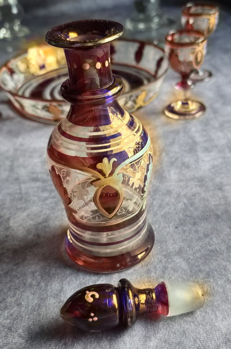 Antique Rossolis Liqueur Set, 6 Pieces In Enameled Blown Glass-photo-2