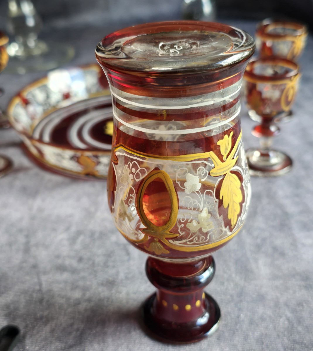 Antique Rossolis Liqueur Set, 6 Pieces In Enameled Blown Glass-photo-3
