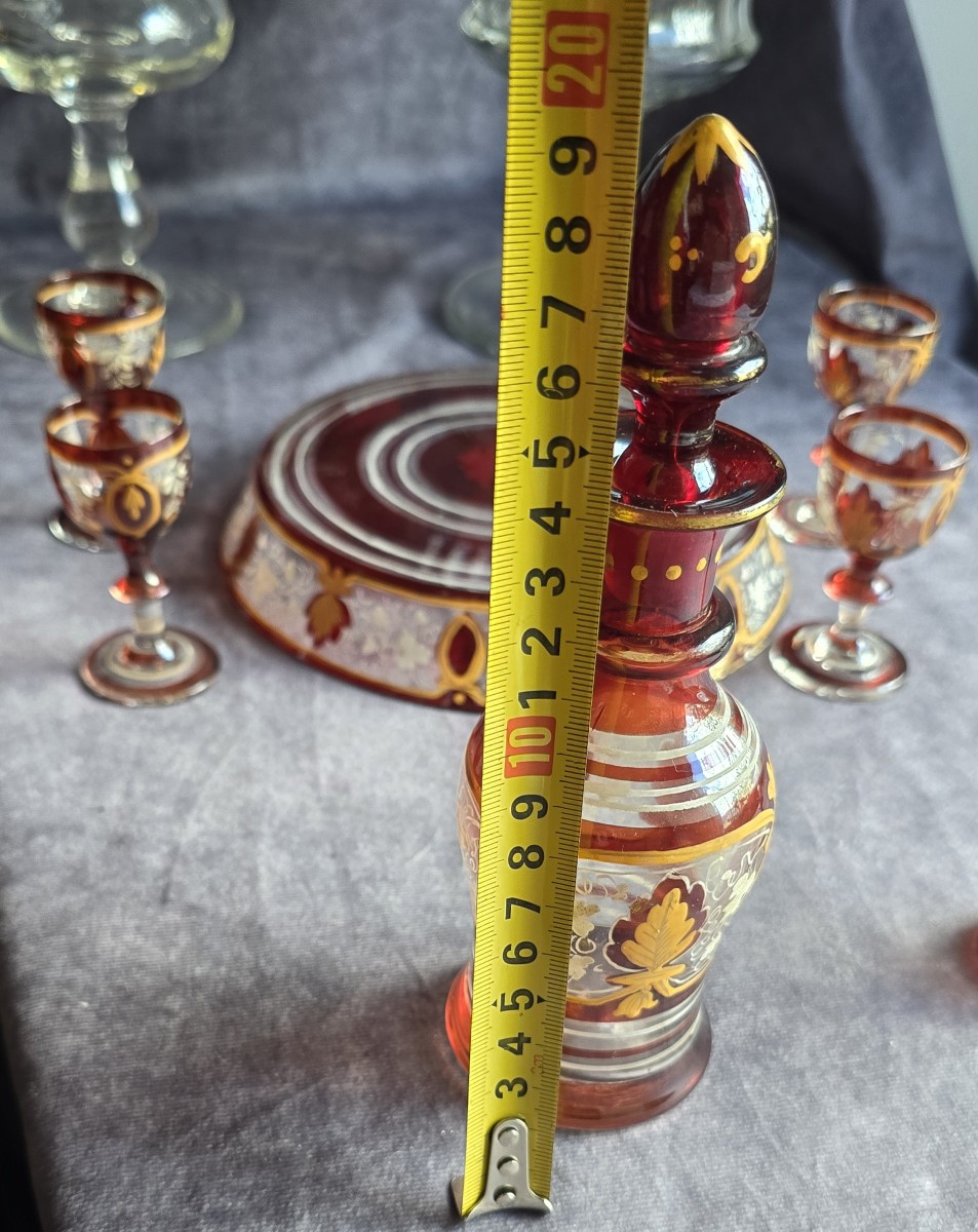 Antique Rossolis Liqueur Set, 6 Pieces In Enameled Blown Glass-photo-6