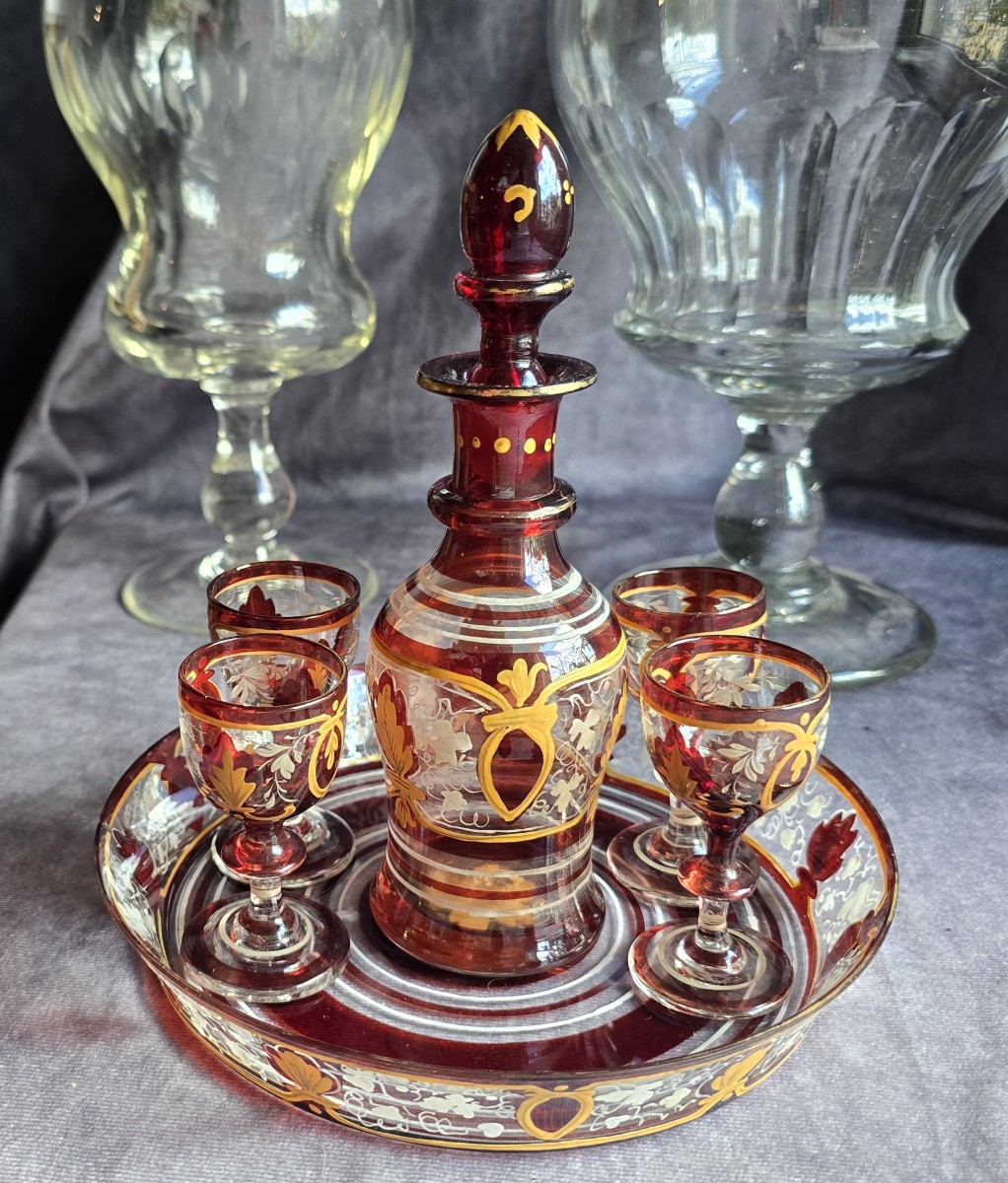 Antique Rossolis Liqueur Set, 6 Pieces In Enameled Blown Glass