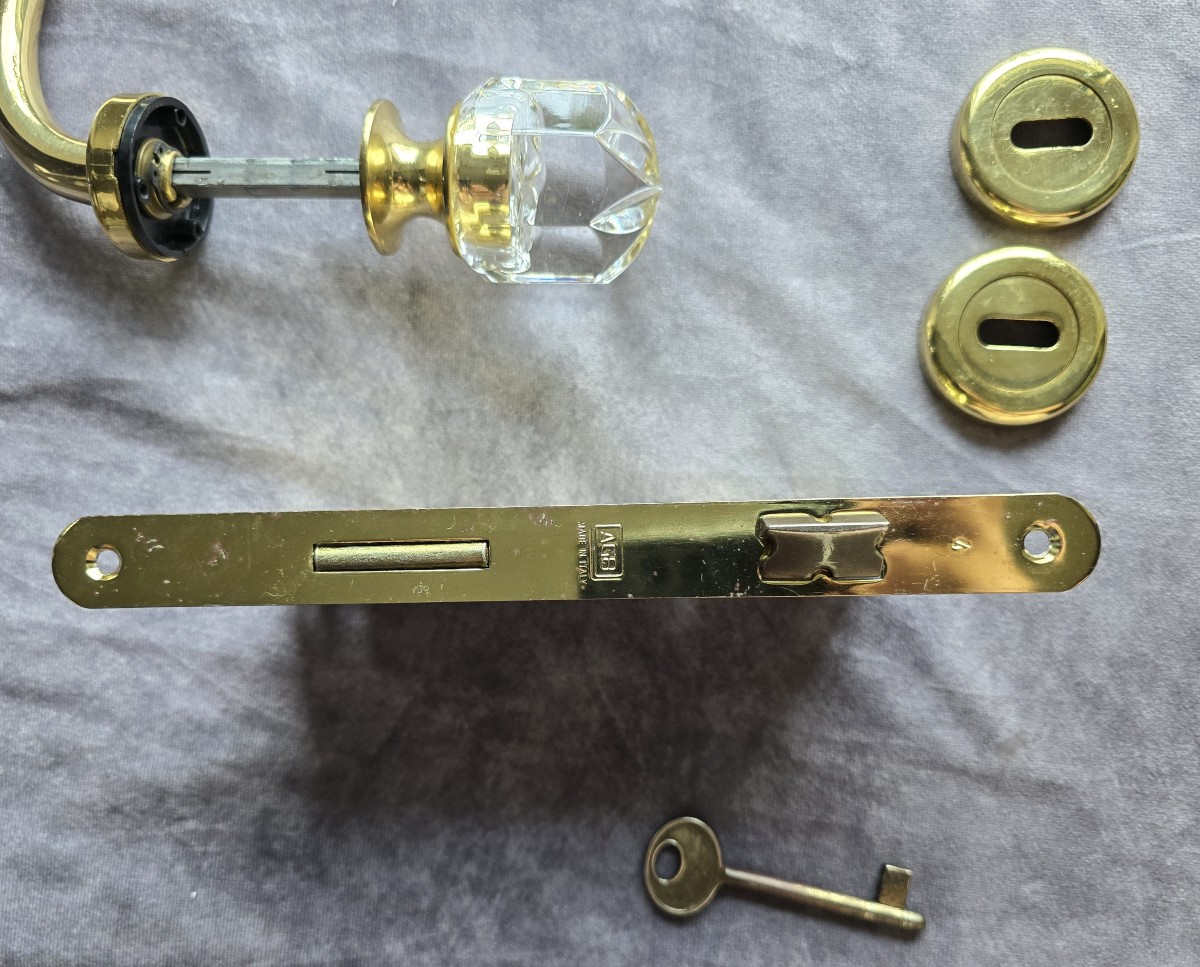  ancienne poignée de porte avec serrure en cristal et laiton- AGB Italie vers 1980-photo-3