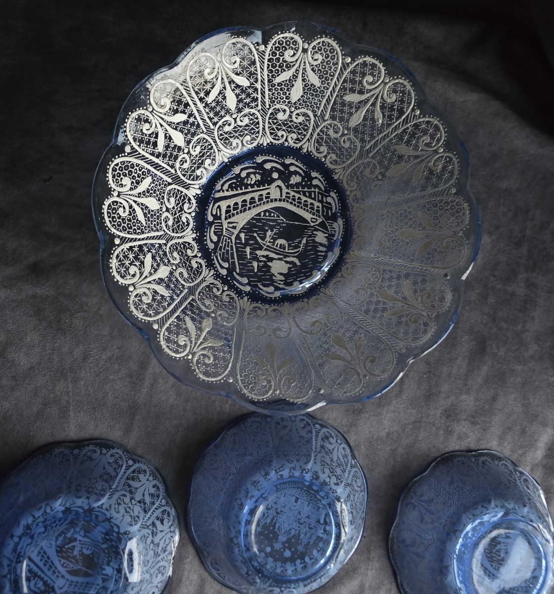 Vintage 7-piece Fruit Salad Set In Enameled Glass – Venice, Circa 1960-photo-4