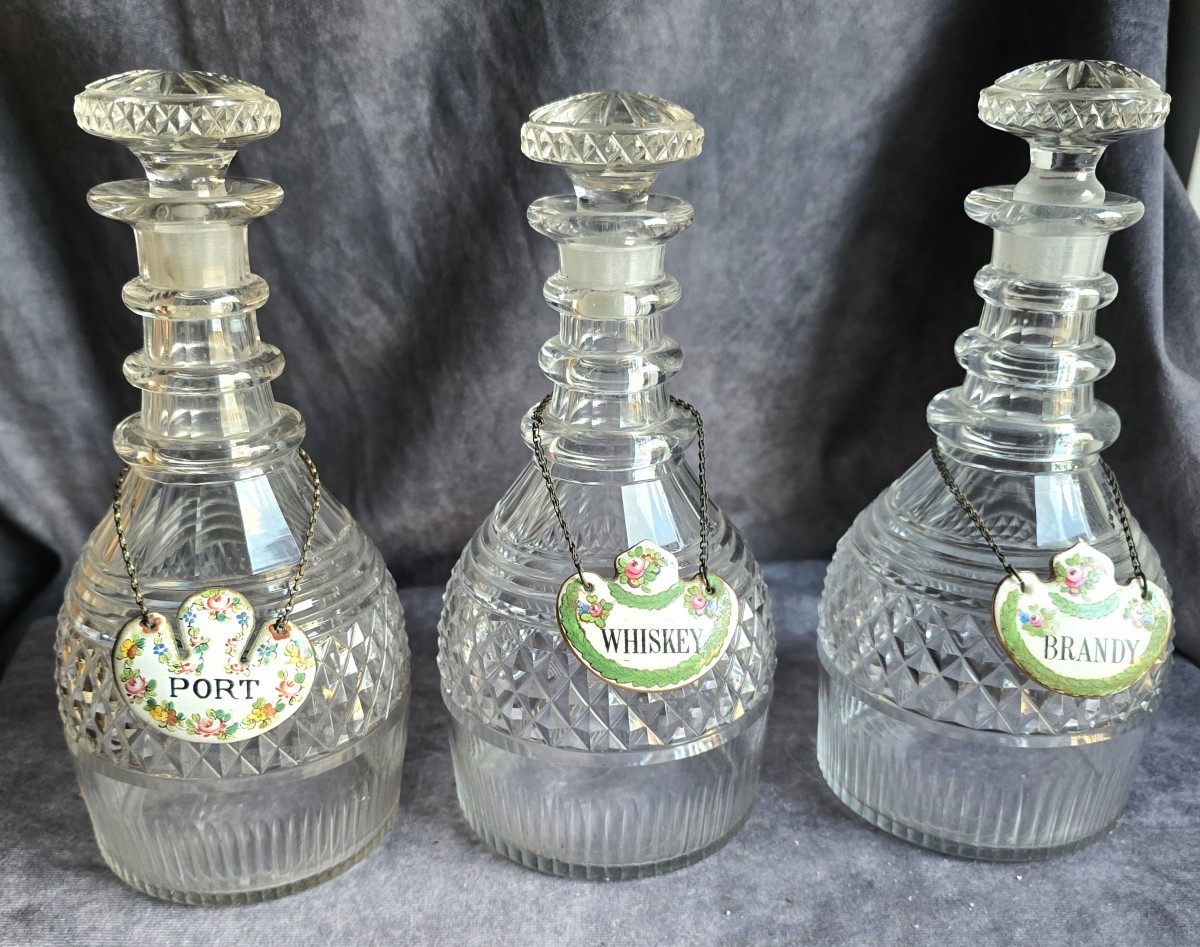 Set Of 3 Antique Cut Crystal Liqueur Decanters, Victorian Era