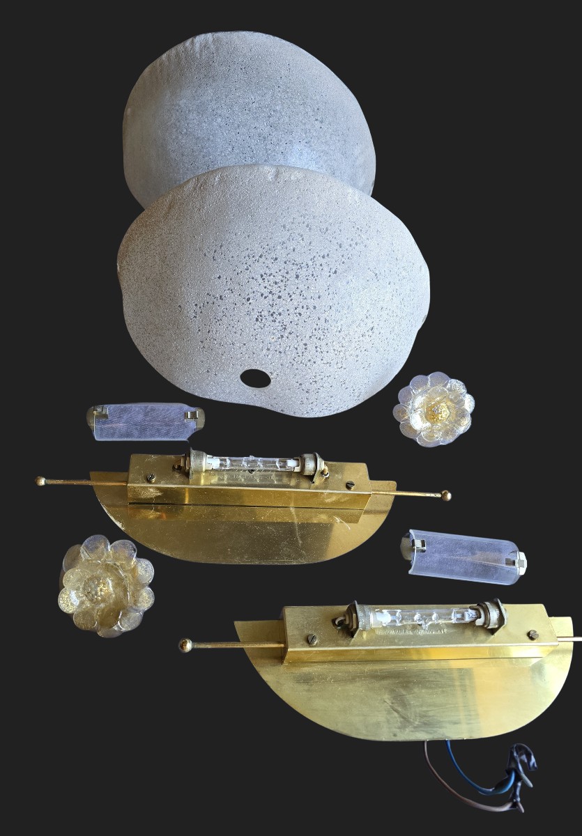 Pair Of Glass And Brass Wall Sconces – Murano, Circa 1980-photo-3