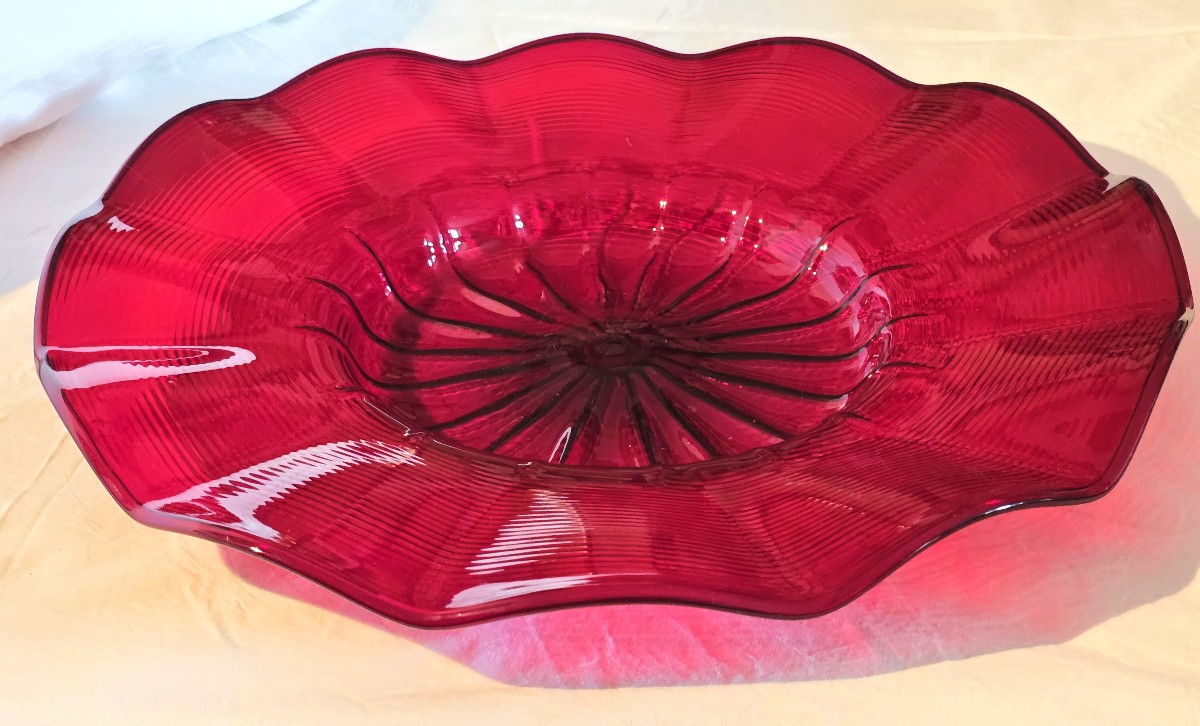 Ancien plat en verre soufflé de Murano, rouge, milieu du XXe siècle, 43 cm diamètre-photo-2