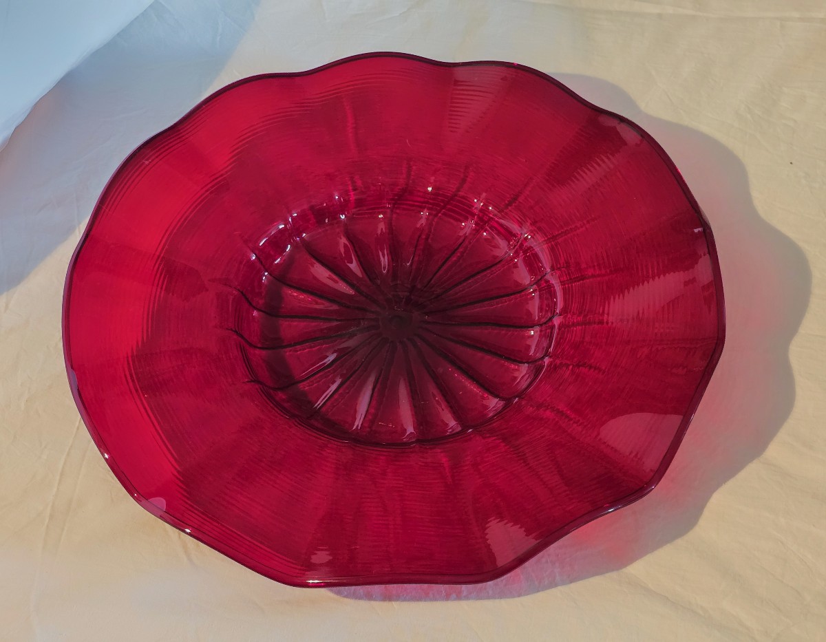 Ancien plat en verre soufflé de Murano, rouge, milieu du XXe siècle, 43 cm diamètre-photo-3
