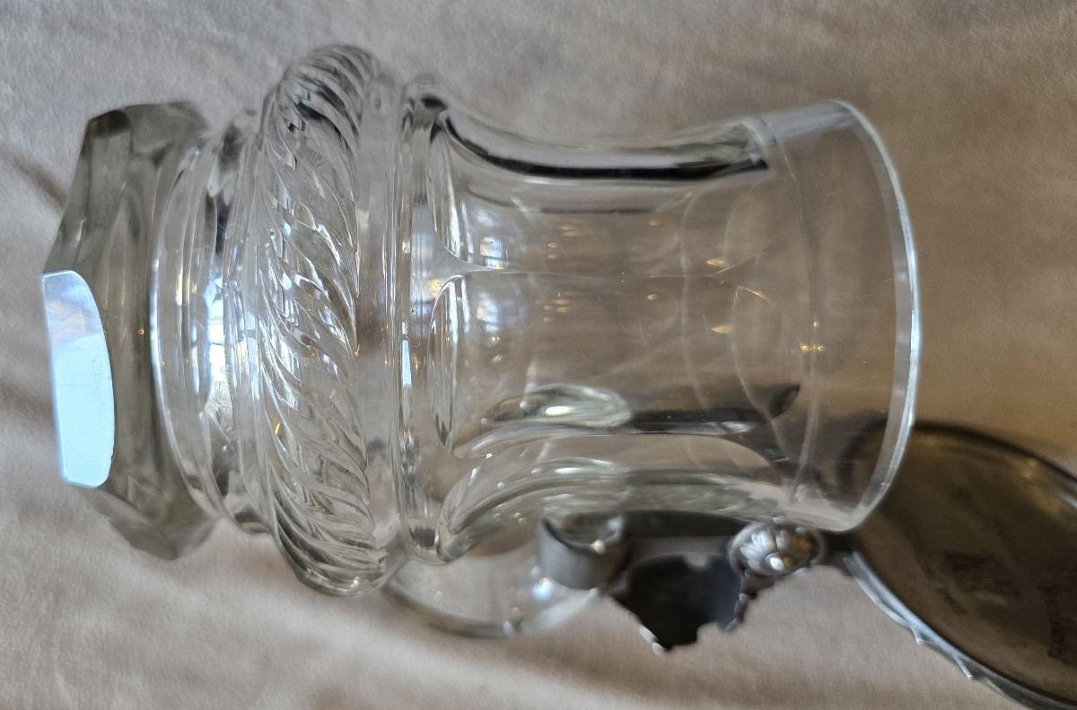 Antique Beer Stein In Cut Glass With Engraved Pewter Lid-photo-4