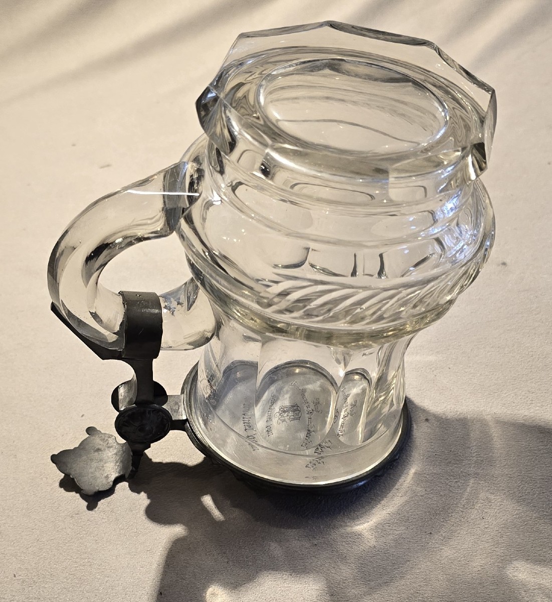 Antique Beer Stein In Cut Glass With Engraved Pewter Lid-photo-5