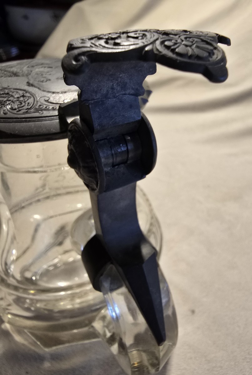 Antique Beer Stein In Cut Glass With Engraved Pewter Lid-photo-6