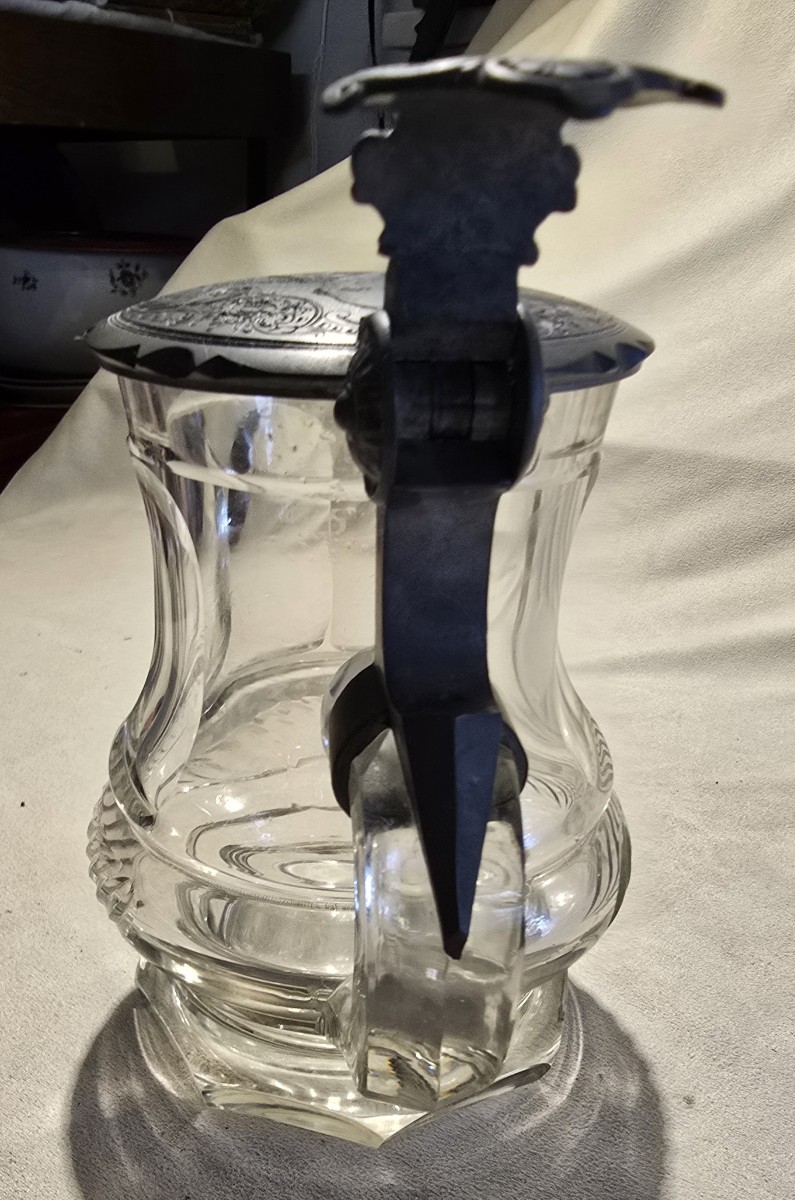 Antique Beer Stein In Cut Glass With Engraved Pewter Lid-photo-7