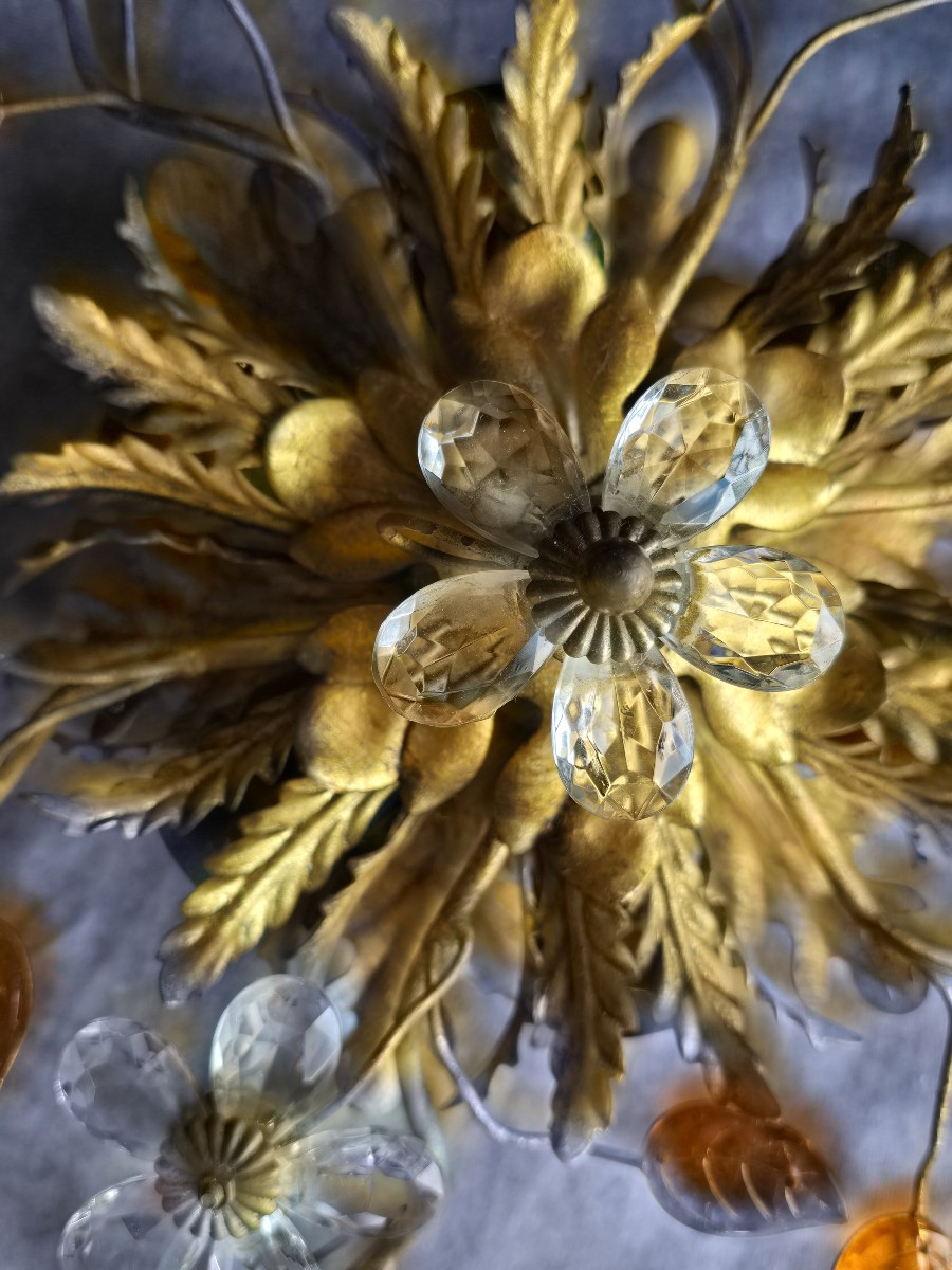 Ancien plafonnier Banci en fer doré, cristaux et cabochons de verre-photo-2