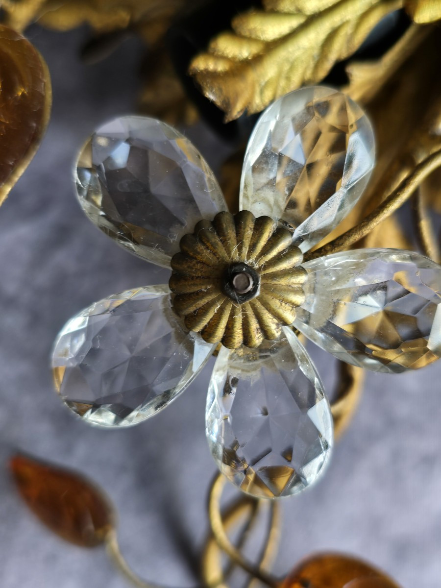 Ancien plafonnier Banci en fer doré, cristaux et cabochons de verre-photo-3