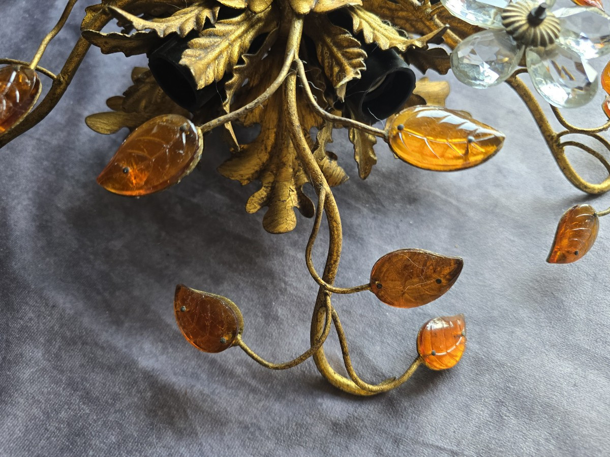 Ancien plafonnier Banci en fer doré, cristaux et cabochons de verre-photo-1