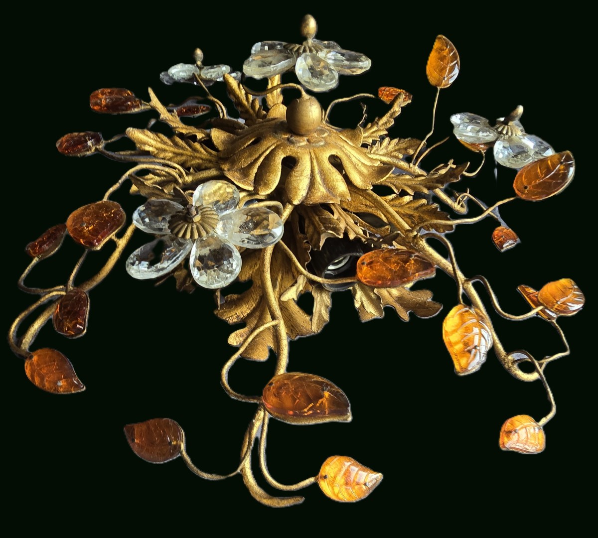 Ancien plafonnier Banci en fer doré, cristaux et cabochons de verre-photo-5