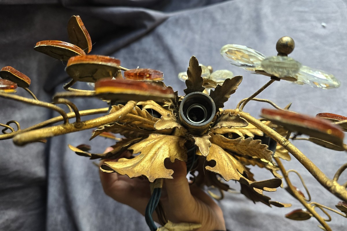 Ancien plafonnier Banci en fer doré, cristaux et cabochons de verre-photo-7