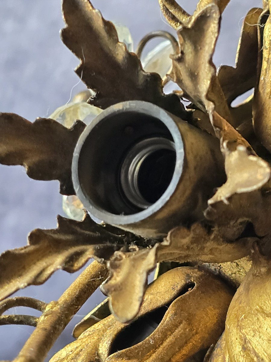 Ancien plafonnier Banci en fer doré, cristaux et cabochons de verre-photo-8