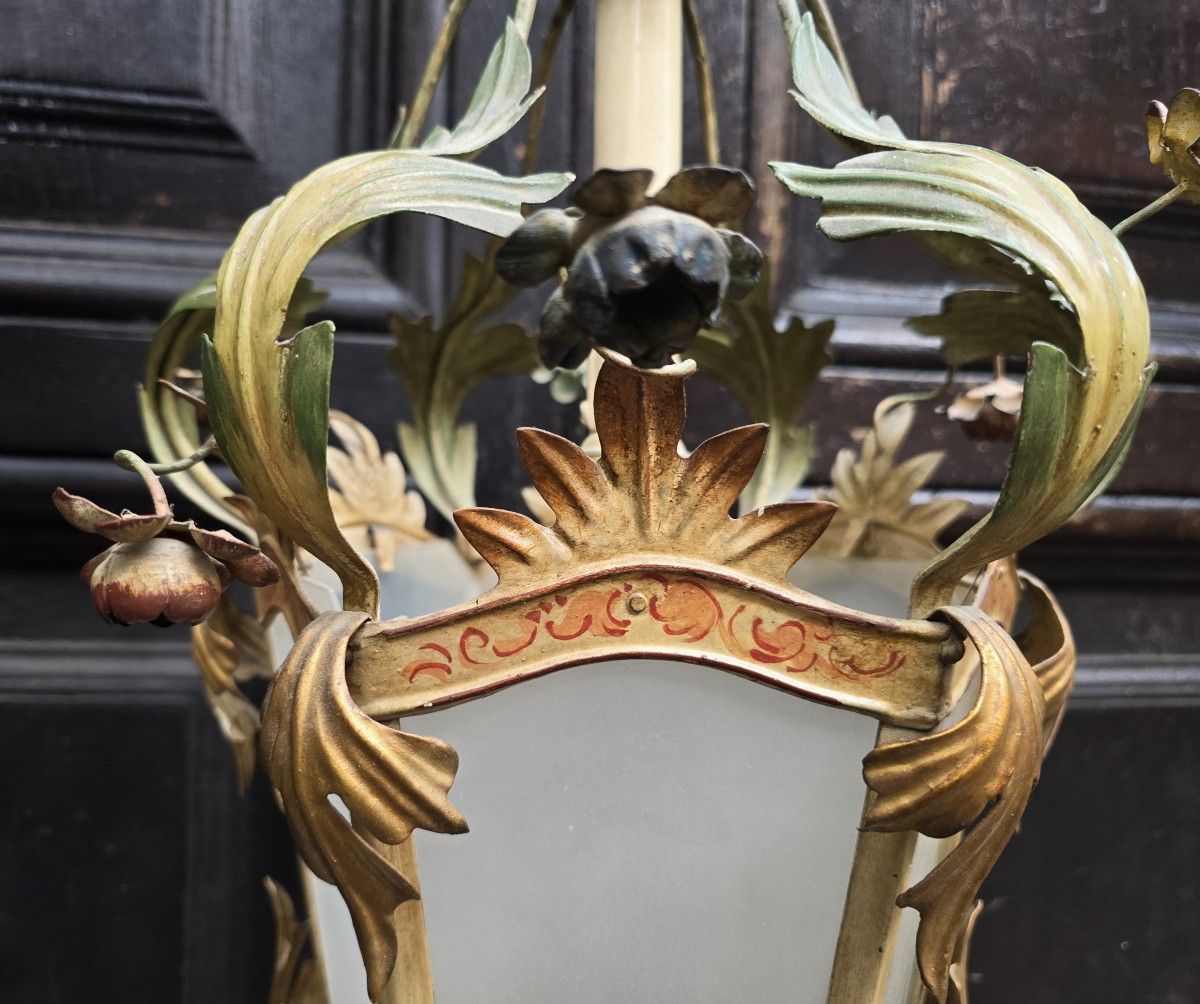 Lanterne florentine ancienne en  fer et verre - annèes 1960-photo-3