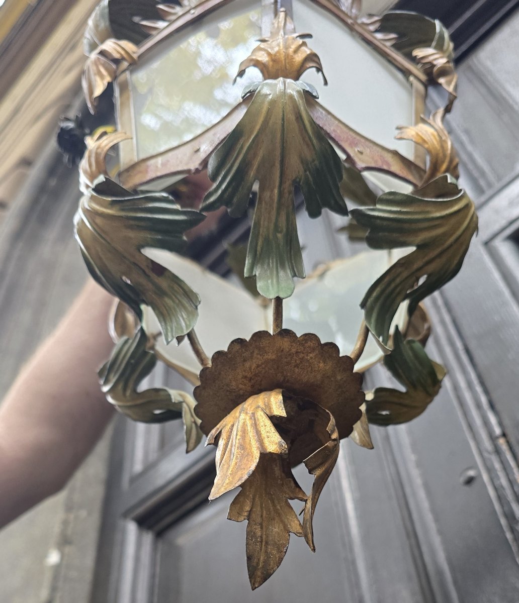 Lanterne florentine ancienne en  fer et verre - annèes 1960-photo-3