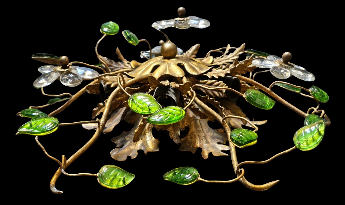 Antique Banci Ceiling Light In Gilt Iron With Crystals And Glass Cabochons-photo-2