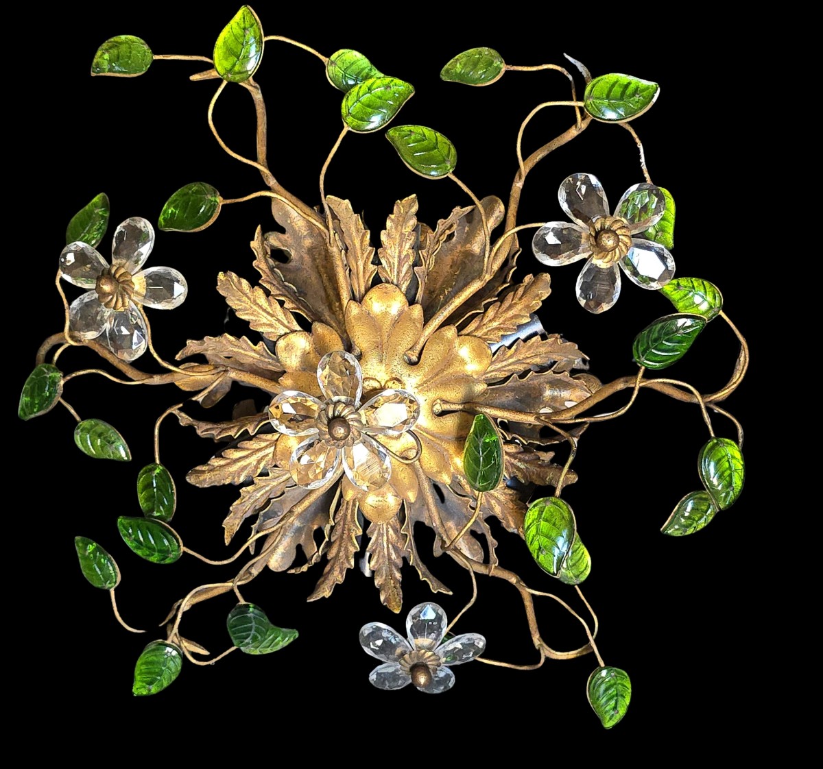 Antique Banci Ceiling Light In Gilt Iron With Crystals And Glass Cabochons