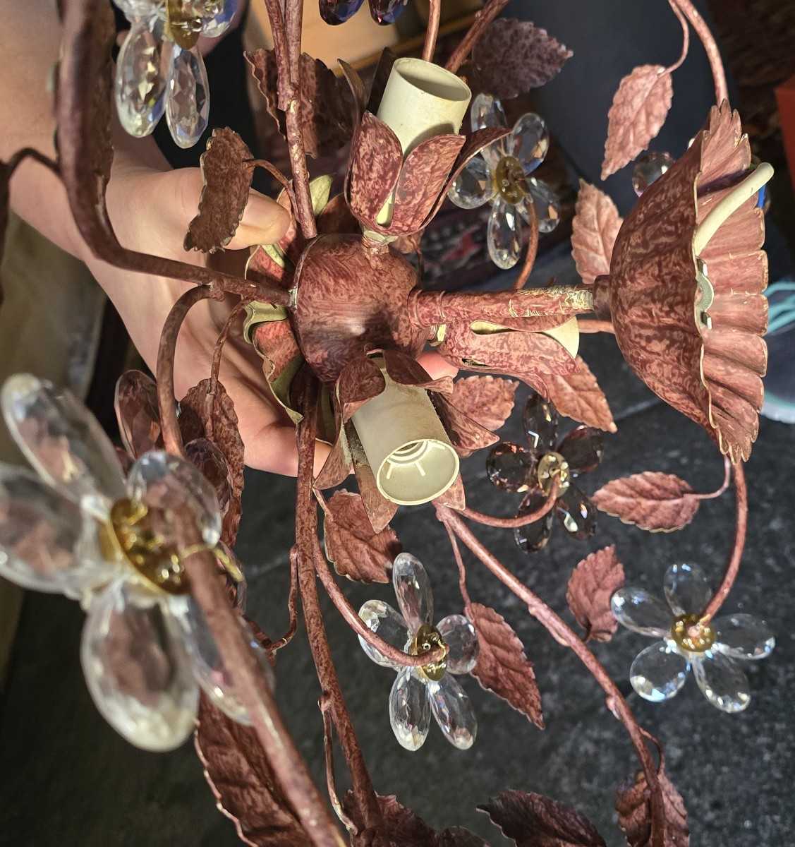 paire anciens plafonniers en fer e cristaux artisanat florentin vers 1960-photo-2