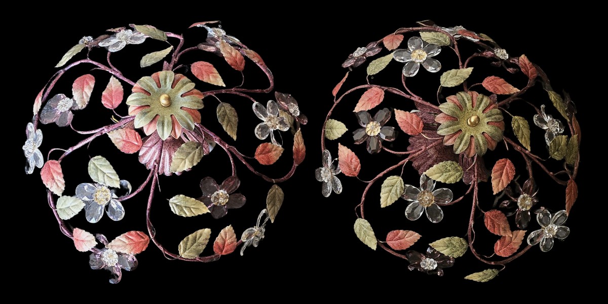 paire anciens plafonniers en fer e cristaux artisanat florentin vers 1960