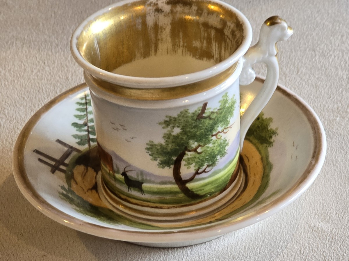 Antique Litron Cup With Its Saucer In Painted Porcelain, 19th Century