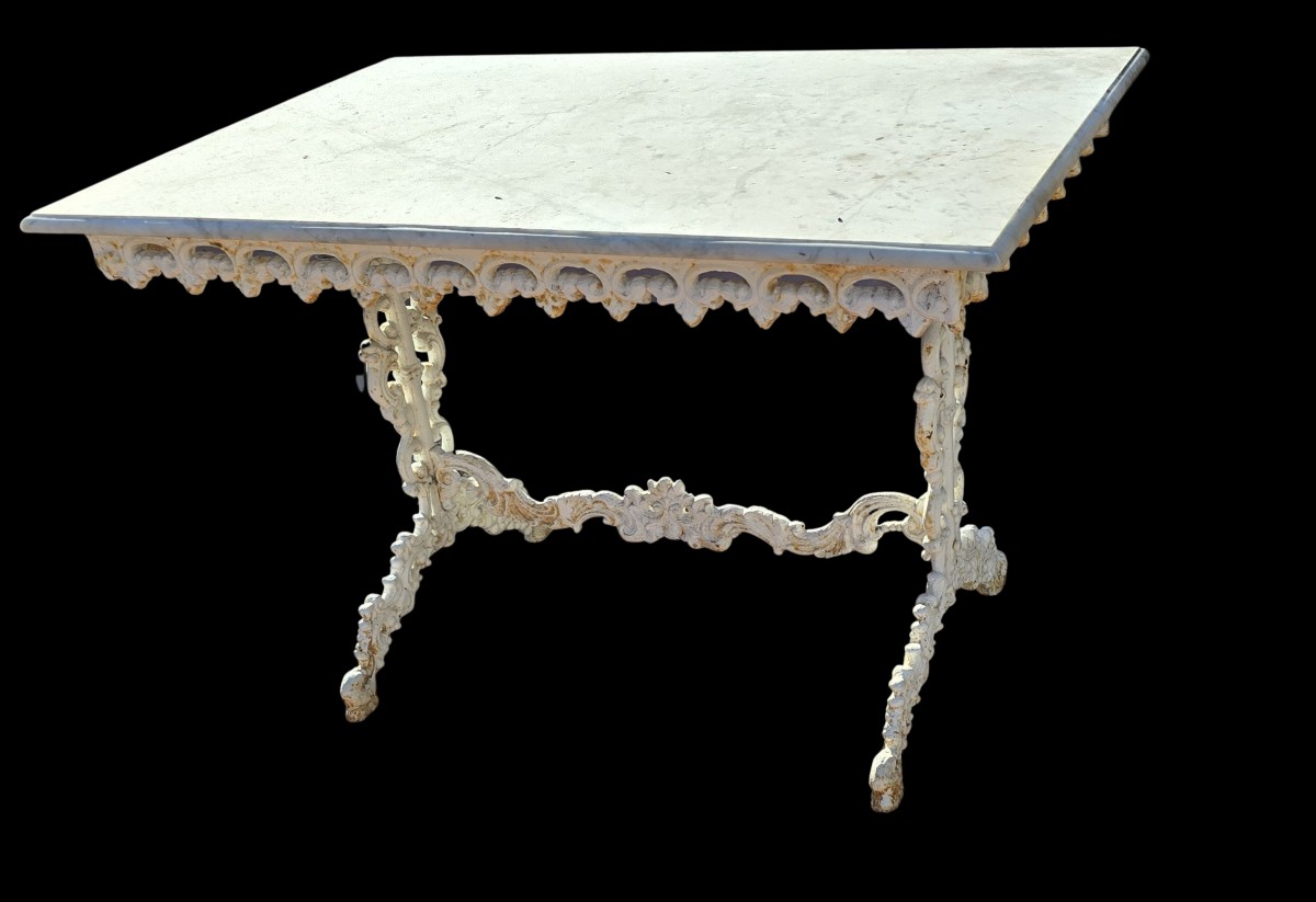 Antique Table In Cast Iron And White Carrara Marble-photo-1