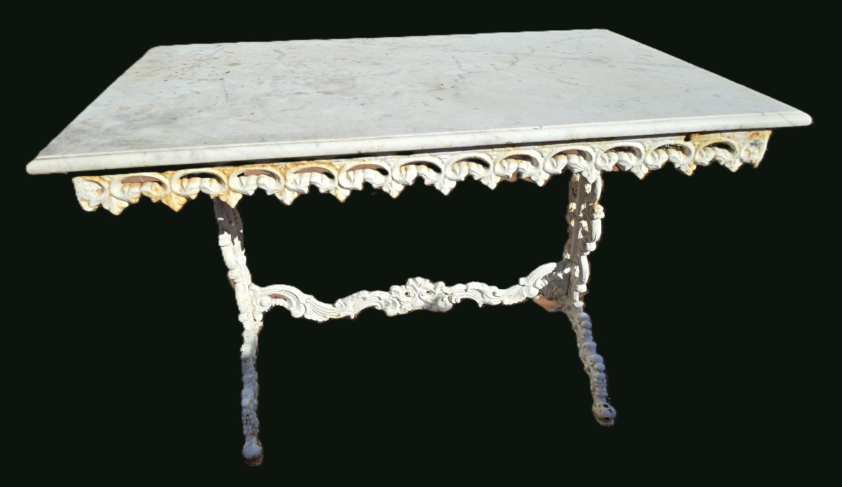 Antique Table In Cast Iron And White Carrara Marble-photo-3