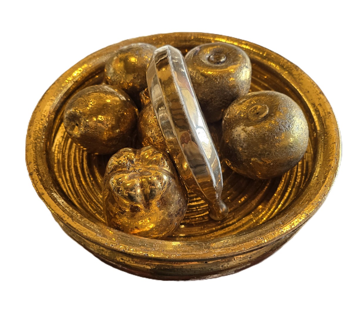 Centre de table sculptural avec fruits en céramique dorée, Italie, années 1980