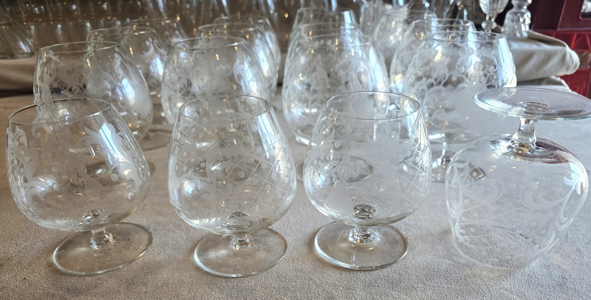 Set Of 12 Antique Venetian Glasses In Blown And Engraved Glass, Murano, 1960s-photo-4