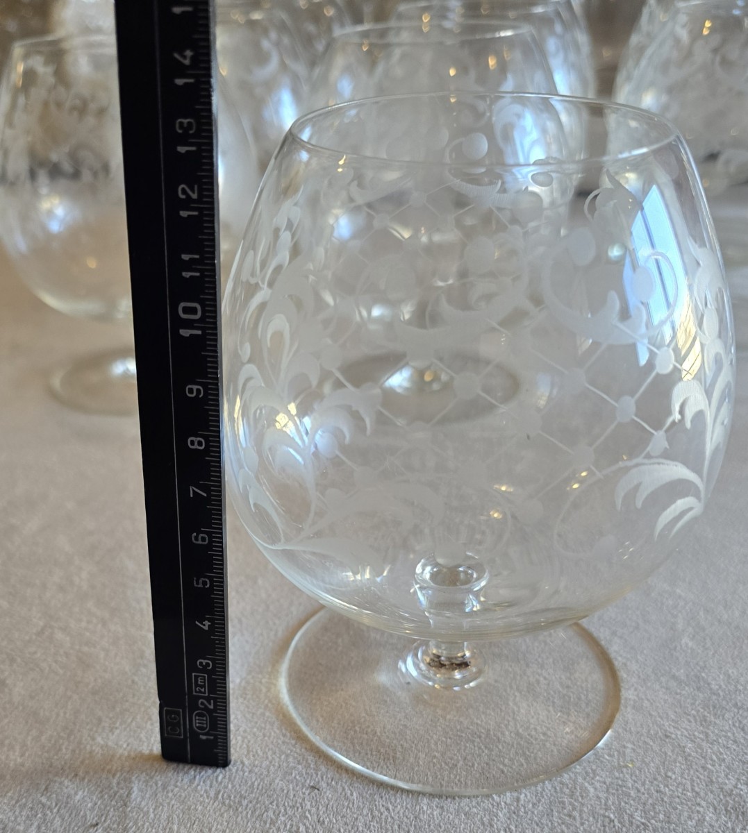 Set Of 12 Antique Venetian Glasses In Blown And Engraved Glass, Murano, 1960s-photo-6