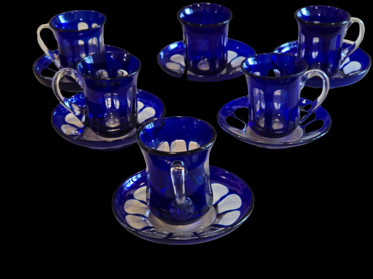 Set Of 6 Cups With Saucers In Double‑layered Glass, Vintage.