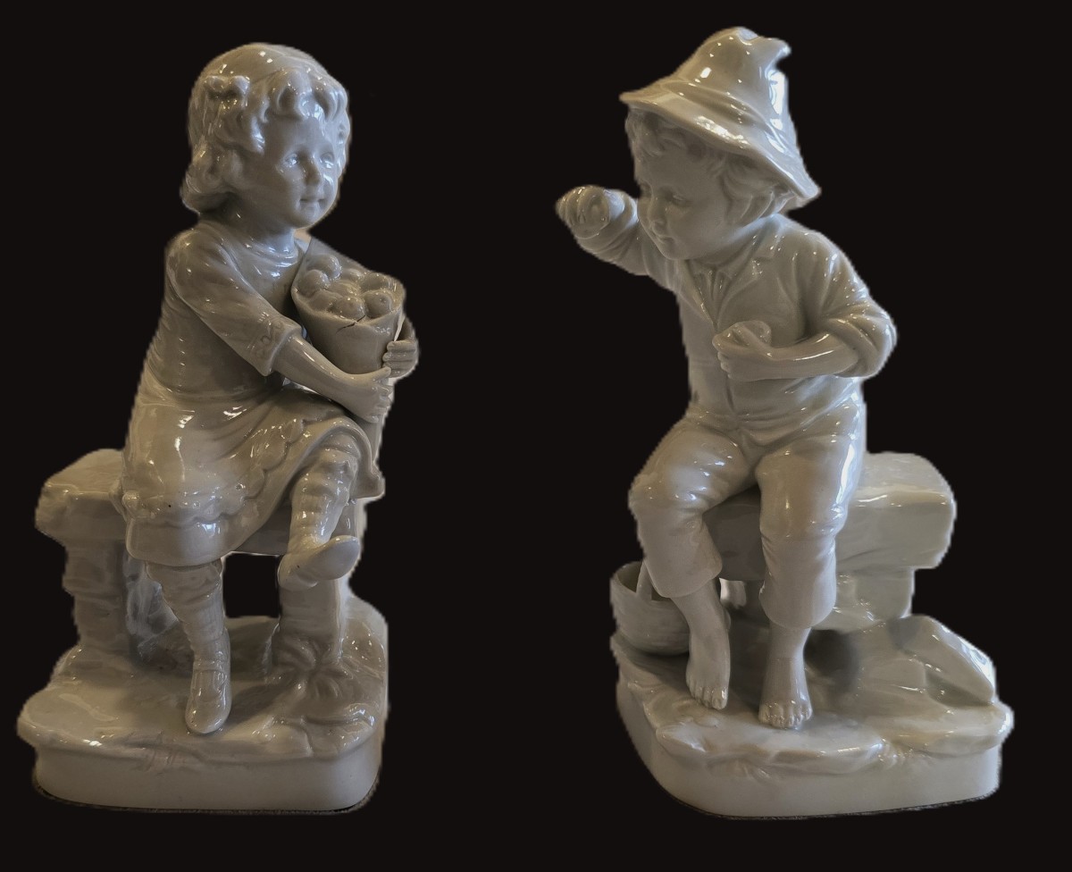 Pair Of Antique White Capodimonte Porcelain Figurines Depicting Children