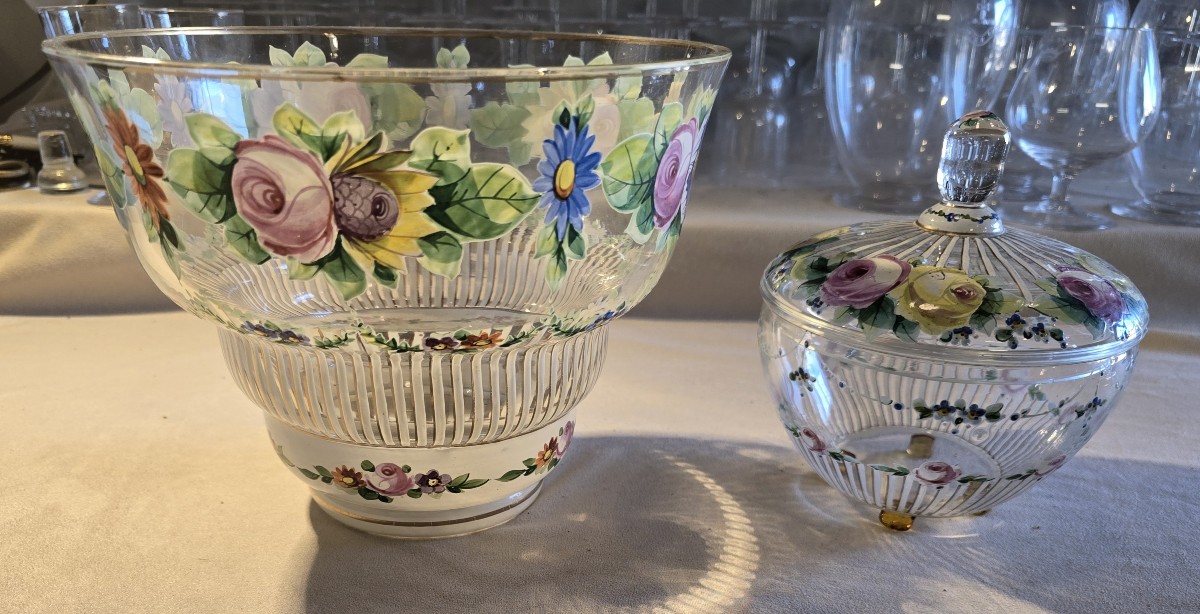 Set  Antique Bowl And Lidded Bonbonnière In Enameled Glass