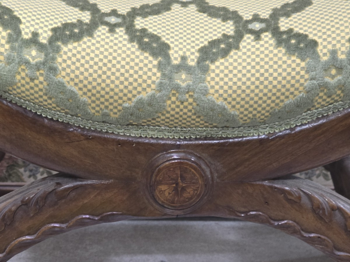 Pair Of Antique Italian Curule Stools In Carved Walnut, In Renaissance Style-photo-2