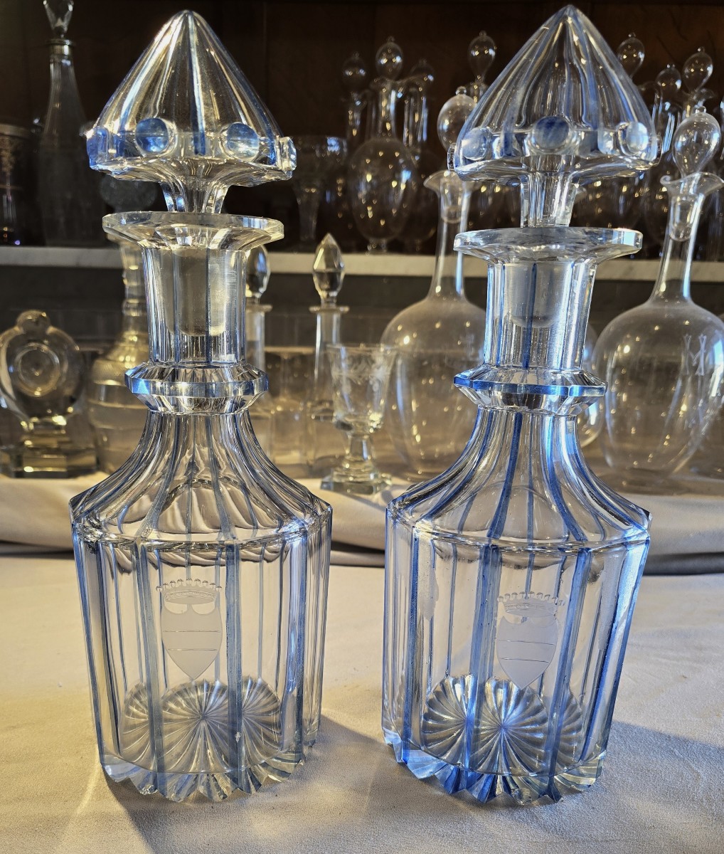 Pair Of Antique Cut‑crystal Whisky Decanters With Engraved Coronet, Victorian Period-photo-2
