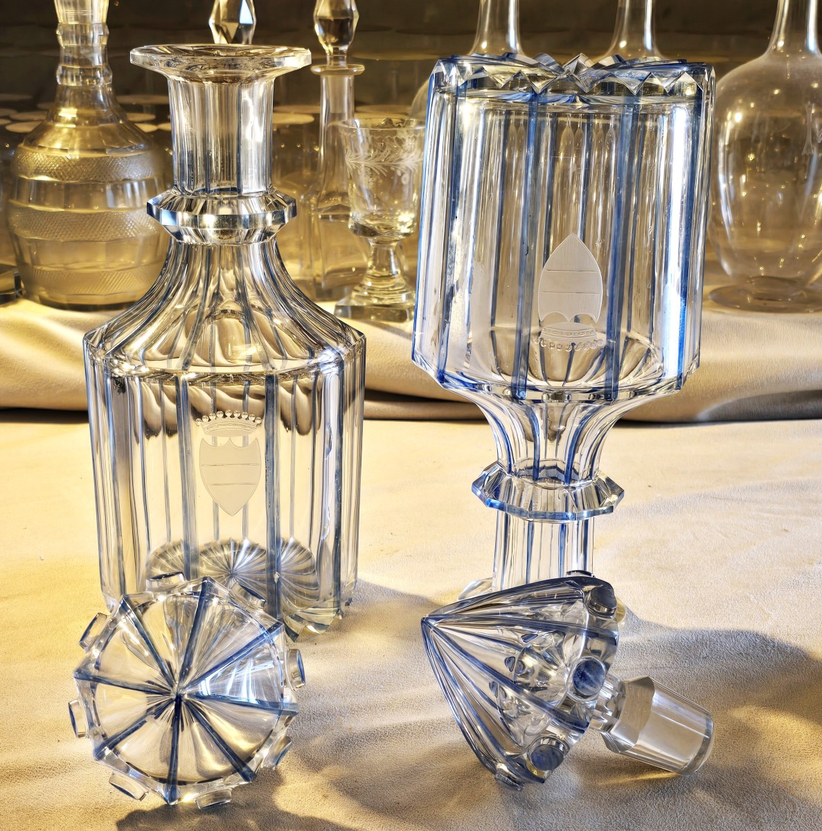 Pair Of Antique Cut‑crystal Whisky Decanters With Engraved Coronet, Victorian Period-photo-3