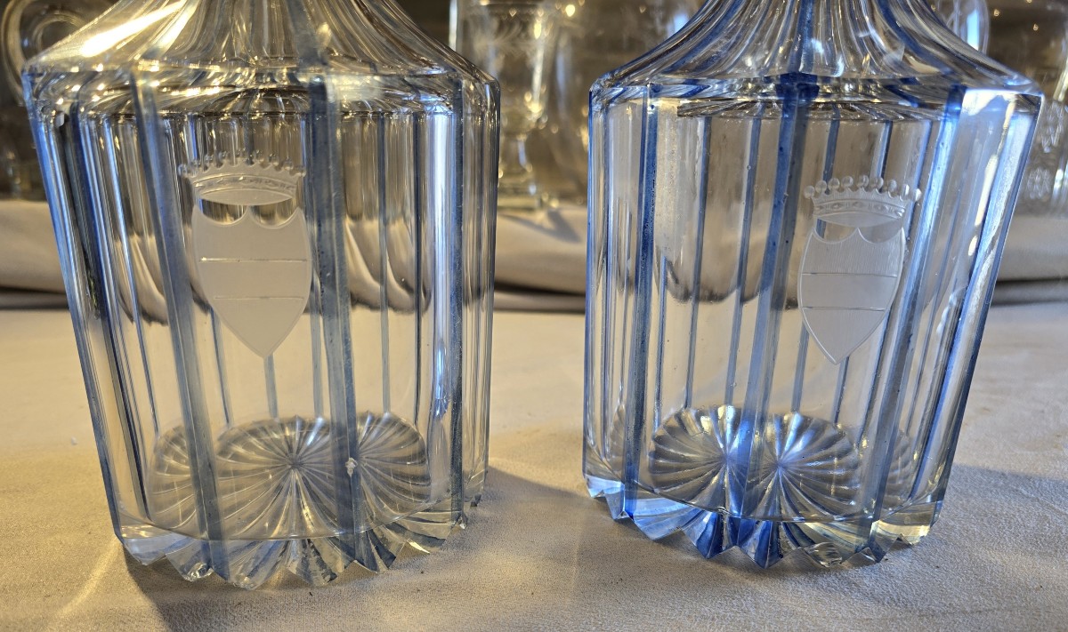 Pair Of Antique Cut‑crystal Whisky Decanters With Engraved Coronet, Victorian Period