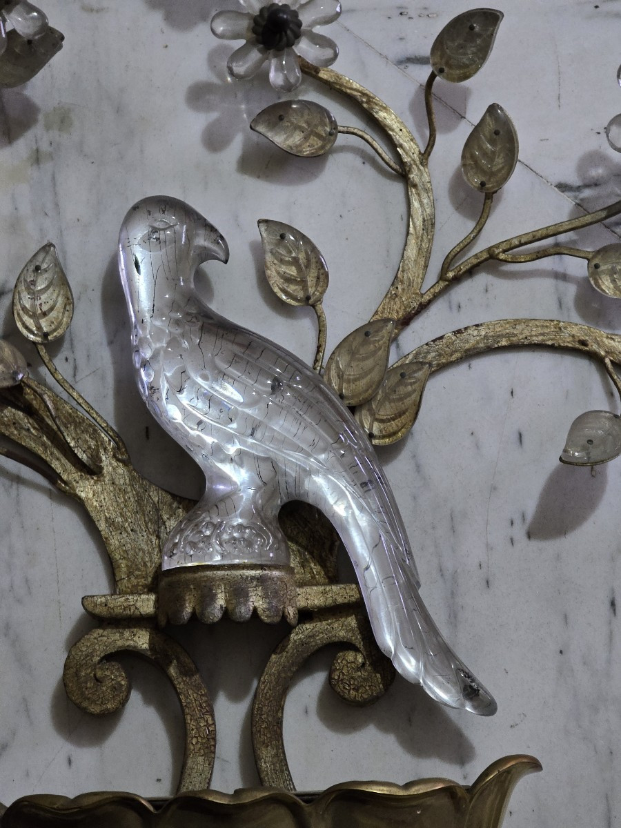 Large Pair Of Vintage Parrot‑themed Wall Sconces In Iron And Crystal, Banci, Circa 1980-photo-2
