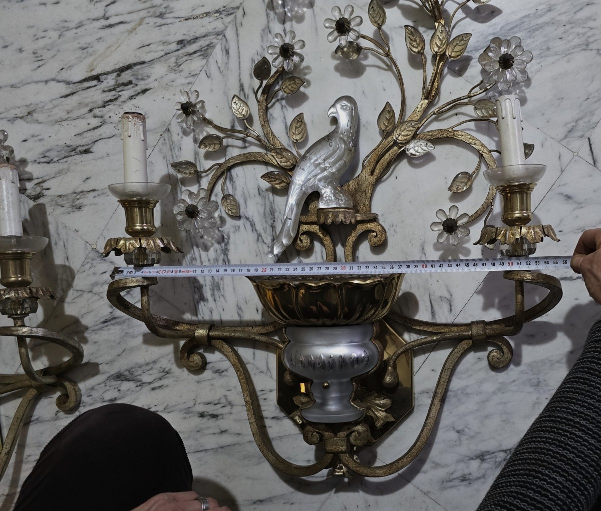 Large Pair Of Vintage Parrot‑themed Wall Sconces In Iron And Crystal, Banci, Circa 1980-photo-6