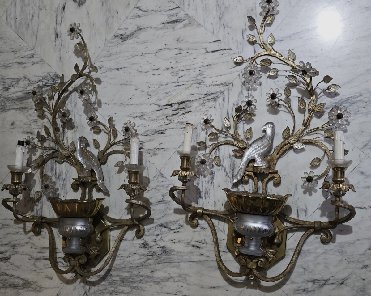 Large Pair Of Vintage Parrot‑themed Wall Sconces In Iron And Crystal, Banci, Circa 1980