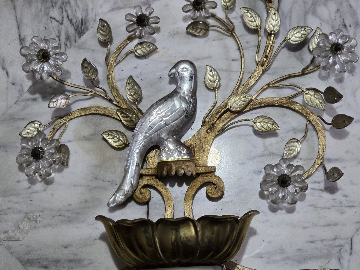 Large Pair Of Vintage Parrot‑themed Iron And Crystal Wall Sconces, Banci, Circa 1980-photo-2