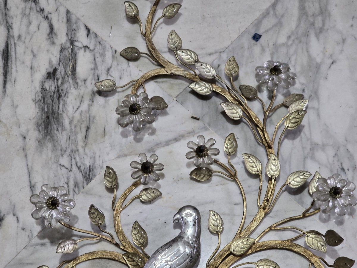 Large Pair Of Vintage Parrot‑themed Iron And Crystal Wall Sconces, Banci, Circa 1980-photo-3