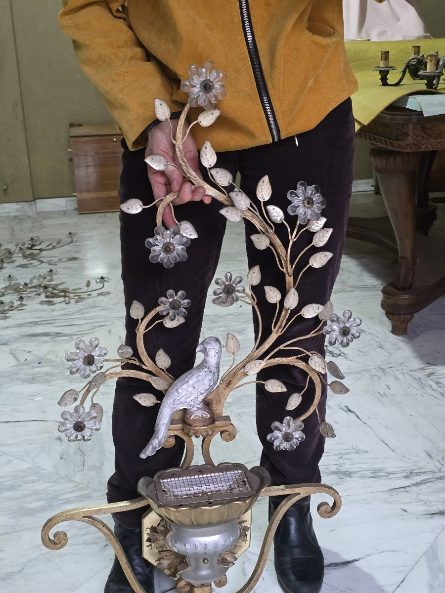 Large Pair Of Vintage Parrot‑themed Iron And Crystal Wall Sconces, Banci, Circa 1980-photo-2